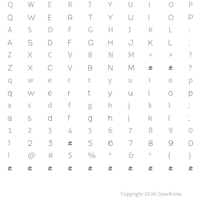 Character Map of FONTSPRING DEMO - Chopsee Thin Regular