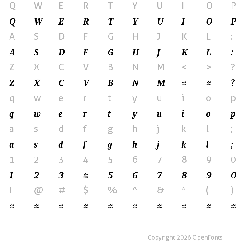 Character Map of FONTSPRING DEMO - Chucara next Book Bold Italic