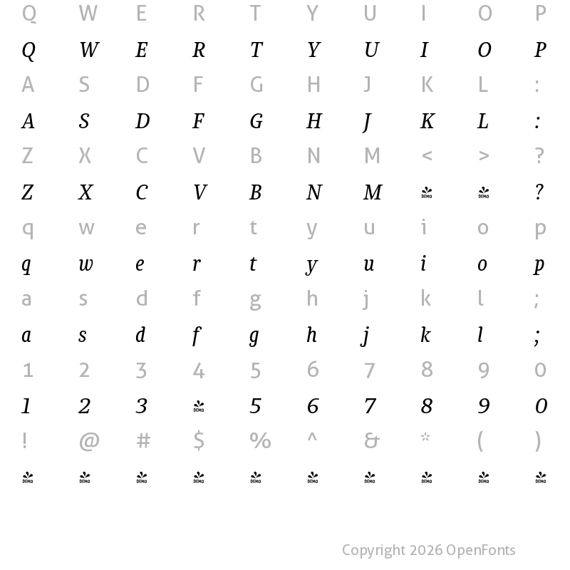 Character Map of FONTSPRING DEMO - Chucara next Italic