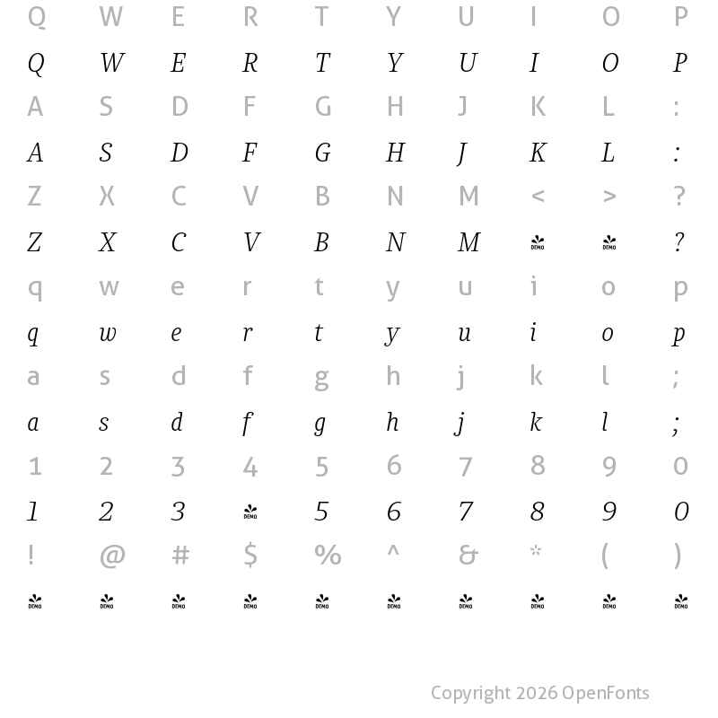 Character Map of FONTSPRING DEMO - Chucara next Light Italic