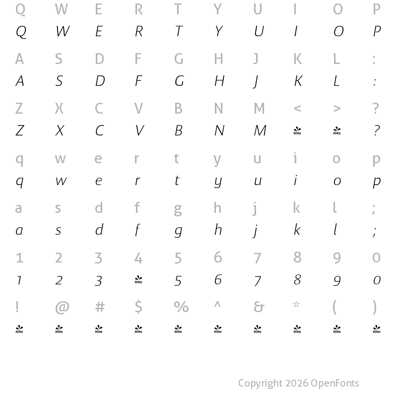 Character Map of FONTSPRING DEMO - Cielo Light Italic Light Italic