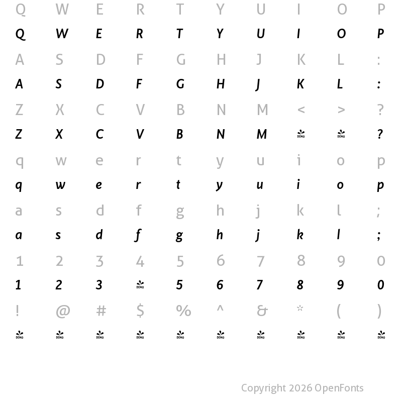 Character Map of FONTSPRING DEMO - Cinta Medium Italic