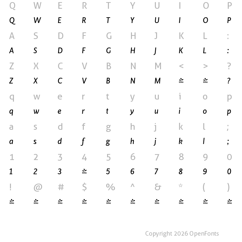 Character Map of FONTSPRING DEMO - Cinta Regular Italic