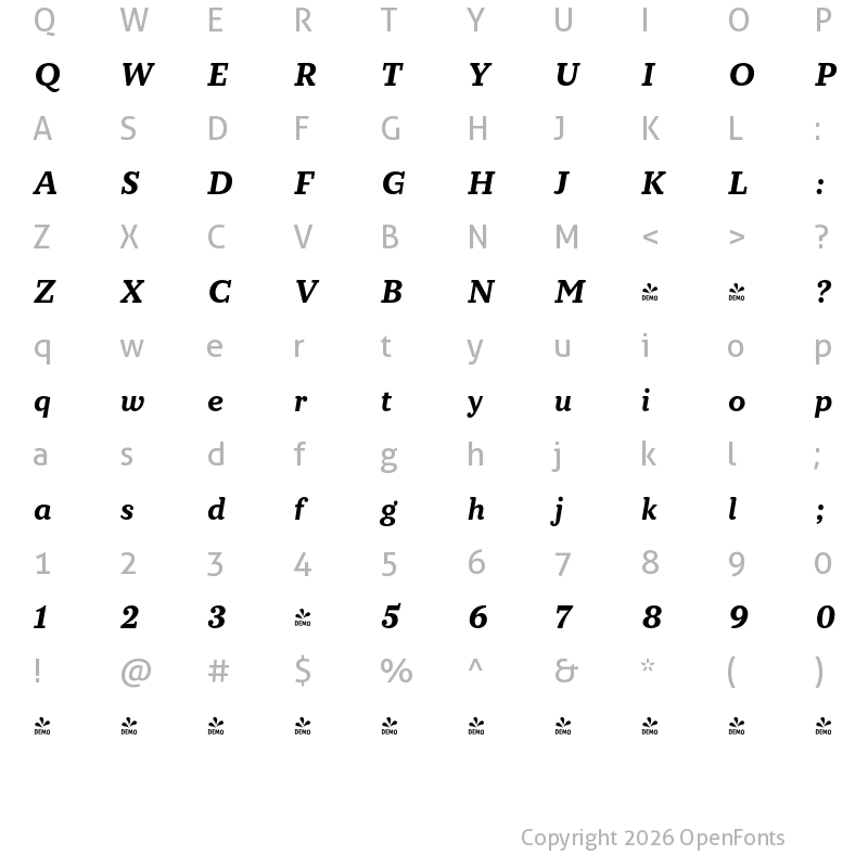 Character Map of FONTSPRING DEMO - Circe Slab C Bold Italic