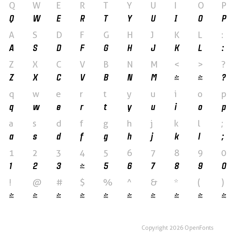 Character Map of FONTSPRING DEMO - Citadina Black Italic Regular