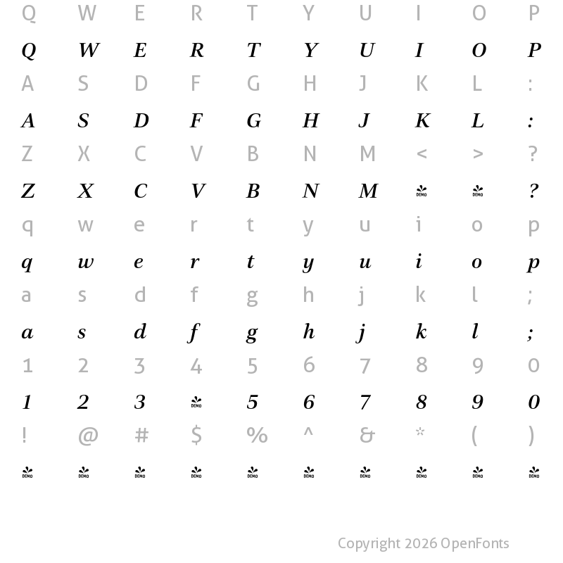 Character Map of FONTSPRING DEMO - Civita-MediumItalic Regular