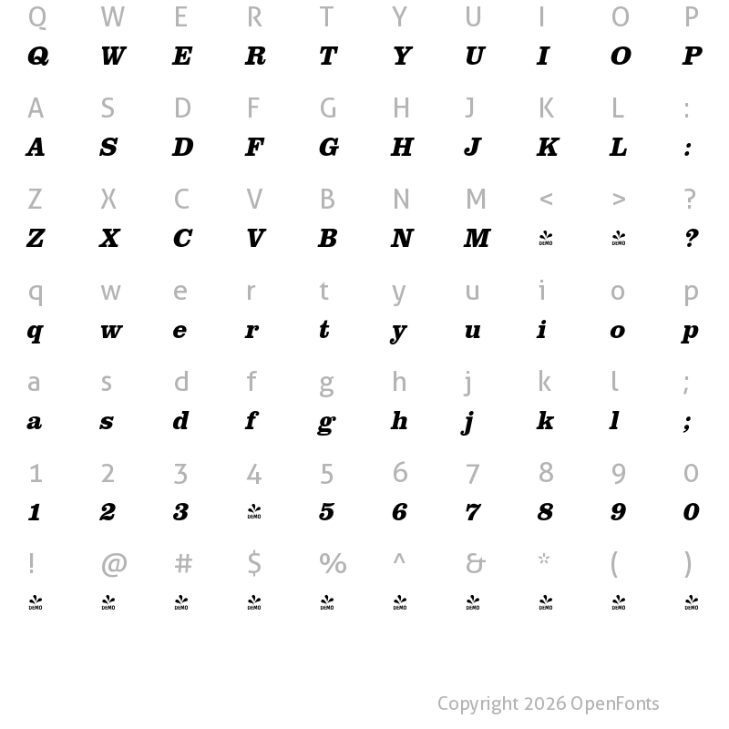 Character Map of FONTSPRING DEMO - ClarendonURWNar Bold Italic