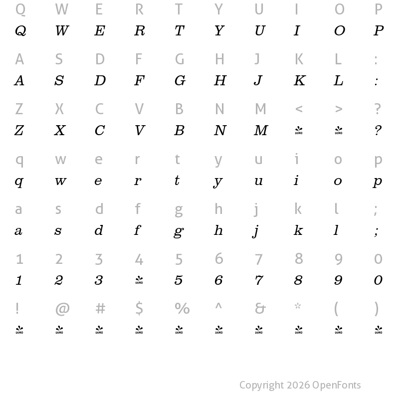 Character Map of FONTSPRING DEMO - ClarendonURWNarLig Italic
