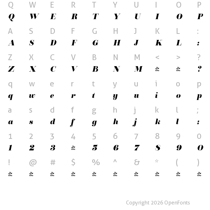 Character Map of FONTSPRING DEMO - Clarize Black Italic