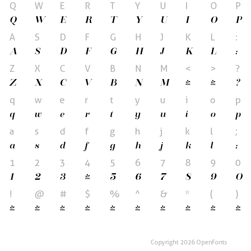Character Map of FONTSPRING DEMO - Clarize Medium Italic