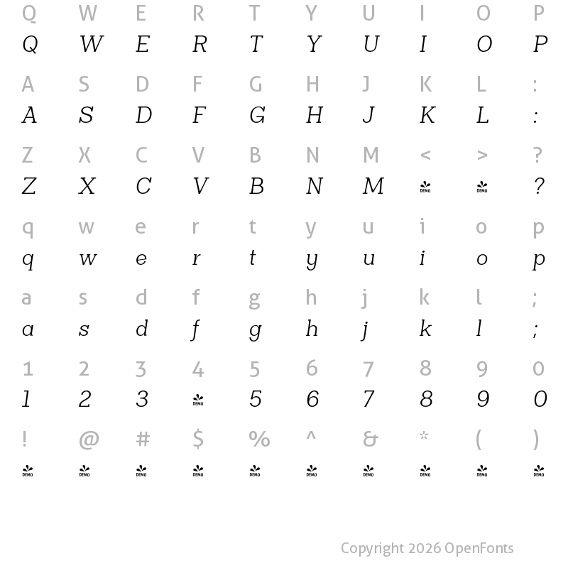 Character Map of FONTSPRING DEMO - Clasica Slab Book Italic