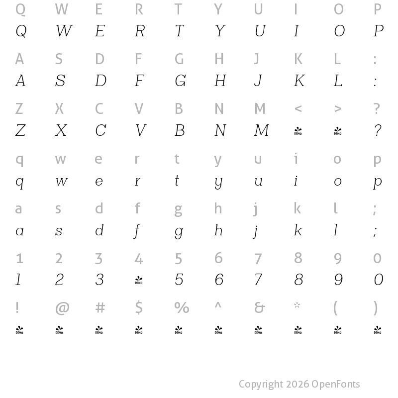 Character Map of FONTSPRING DEMO - Clasica Slab Light Light Italic