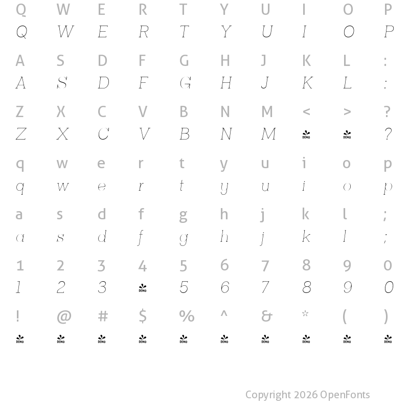 Character Map of FONTSPRING DEMO - Clasica Slab Thin Thin Italic