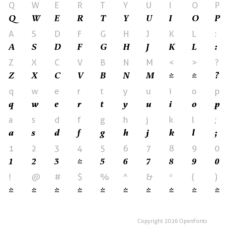 Character Map of FONTSPRING DEMO - Classica Pro Bold Italic