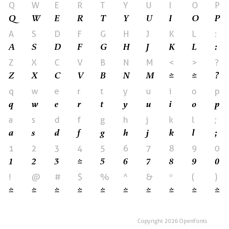 Character Map of FONTSPRING DEMO - Classica Pro Demi Italic
