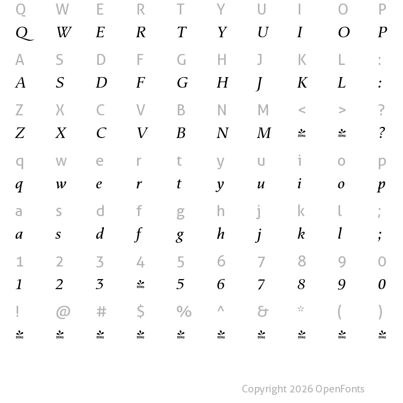 Character Map of FONTSPRING DEMO - Classica Pro Italic