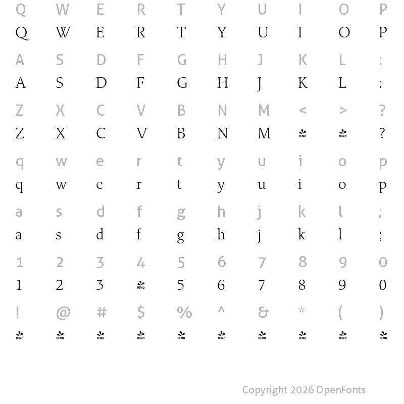 Character Map of FONTSPRING DEMO - Classica Pro Light Regular