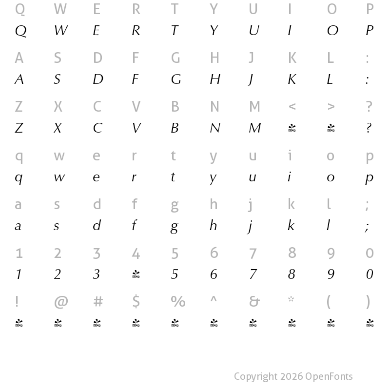 Character Map of FONTSPRING DEMO - ClassicoURW Italic
