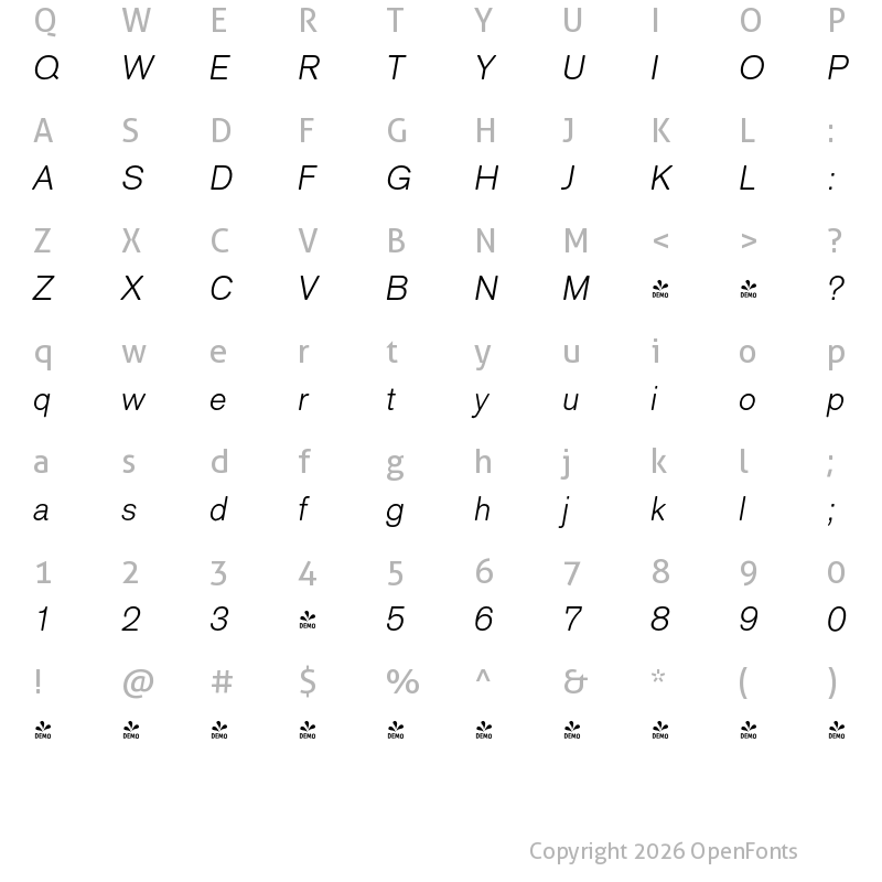 Character Map of FONTSPRING DEMO - ClassicSansRounded Light Italic