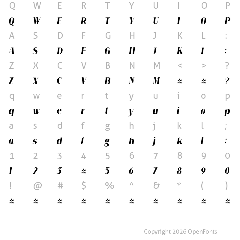 Character Map of FONTSPRING DEMO - Claudia Fiesta Black Italic