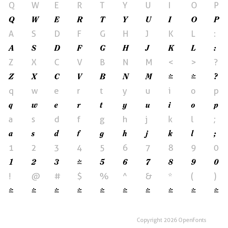 Character Map of FONTSPRING DEMO - Clearface Pro Heavy Italic
