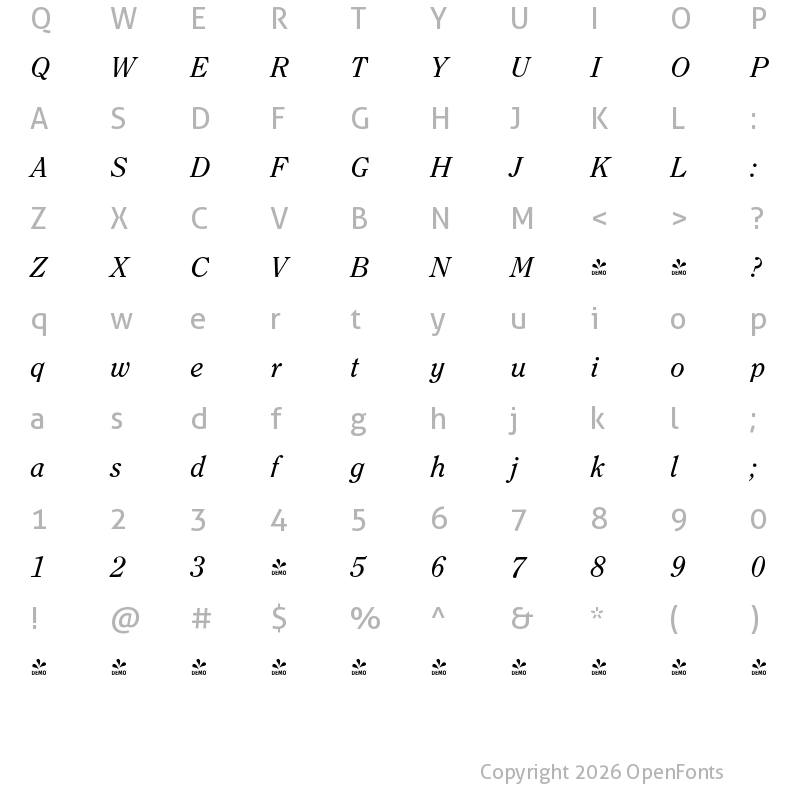 Character Map of FONTSPRING DEMO - Clearface Pro Italic