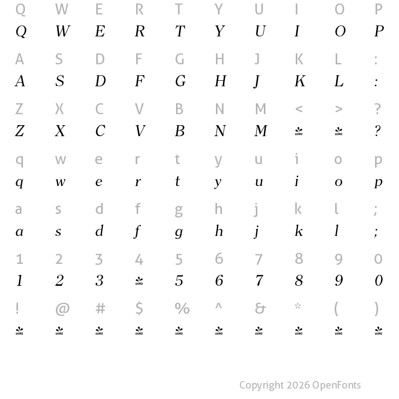 Character Map of FONTSPRING DEMO - Clearface Serial Italic