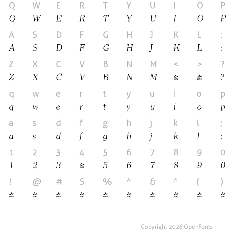Character Map of FONTSPRING DEMO - Clearface Serial Light Italic