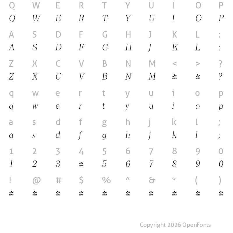 Character Map of FONTSPRING DEMO - Clearface Serial Xlight Italic