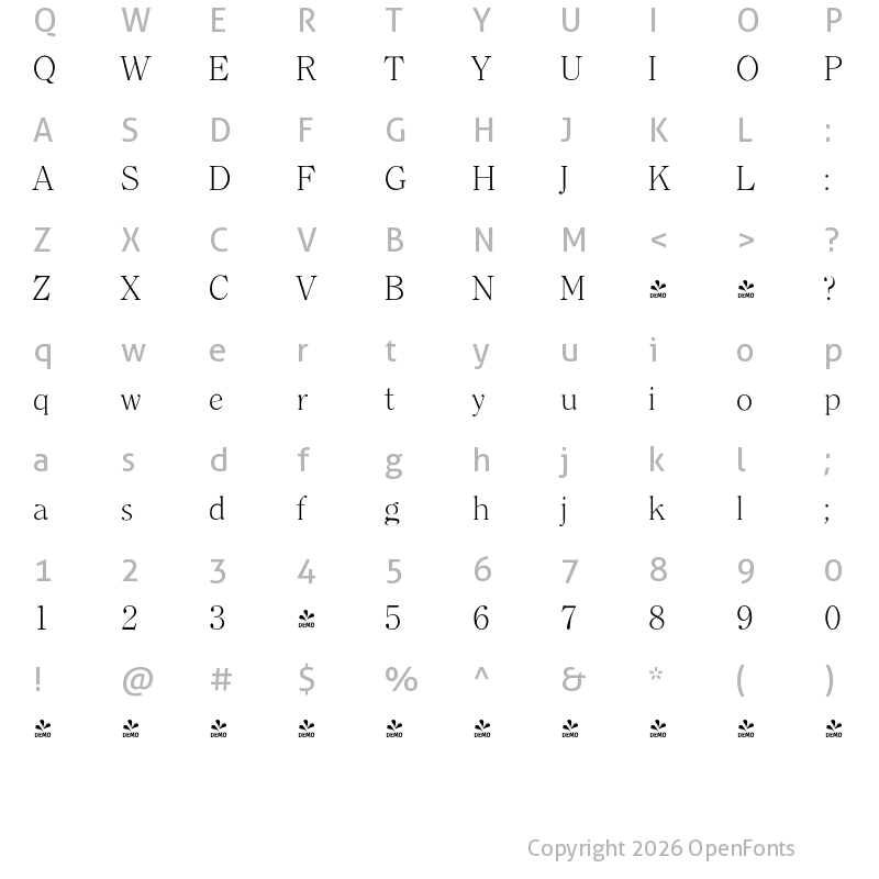 Character Map of FONTSPRING DEMO - Clearface Serial Xlight Regular