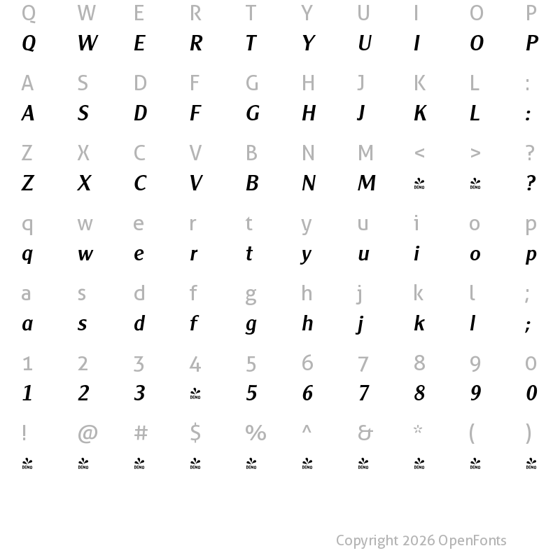 Character Map of FONTSPRING DEMO - ClearGothic Serial Medium Italic