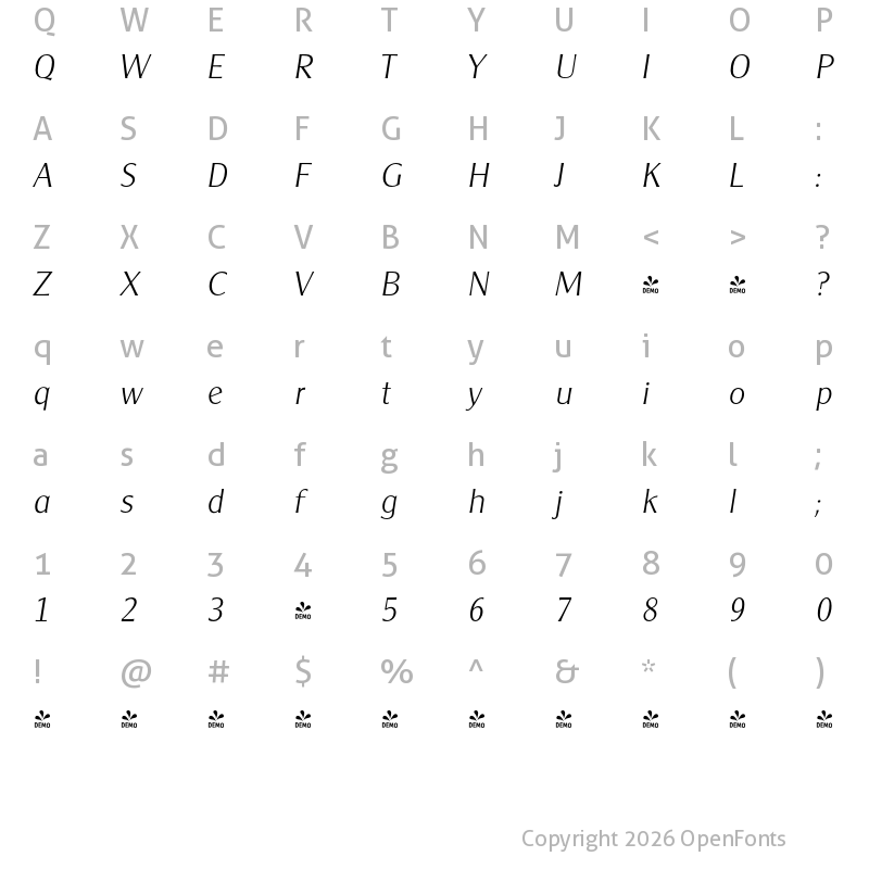 Character Map of FONTSPRING DEMO - ClearGothic Serial Xlight Italic