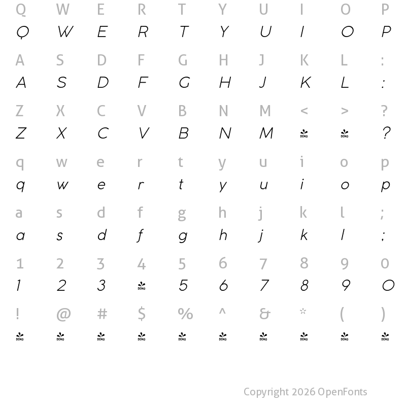 Character Map of FONTSPRING DEMO - Coco Gothic Light Italic