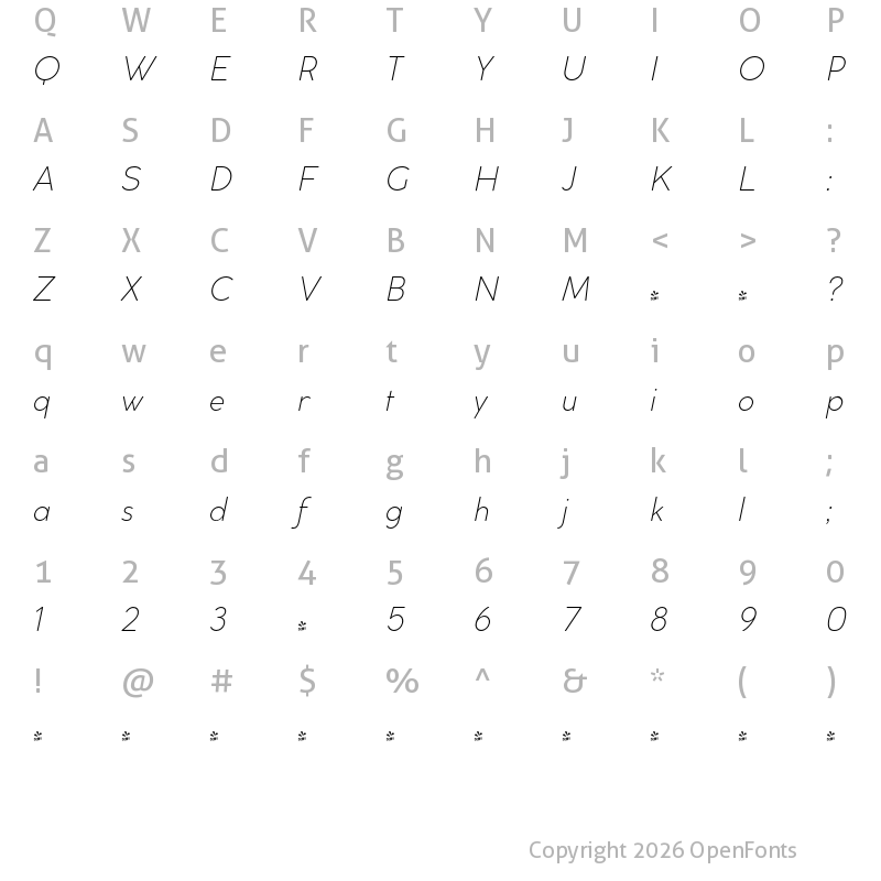 Character Map of FONTSPRING DEMO - Cocogoose Classic ExtraLight Italic