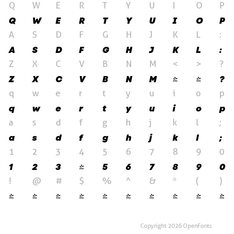Character Map of FONTSPRING DEMO - Code Next Heavy Italic