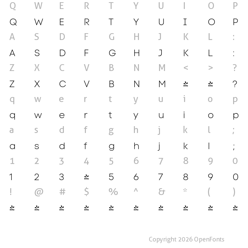 Character Map of FONTSPRING DEMO - Code Next Light Regular