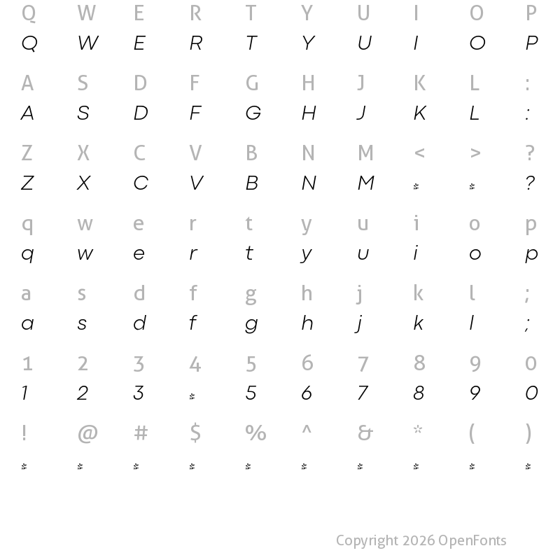Character Map of FONTSPRING DEMO - Codec Pro Light Italic