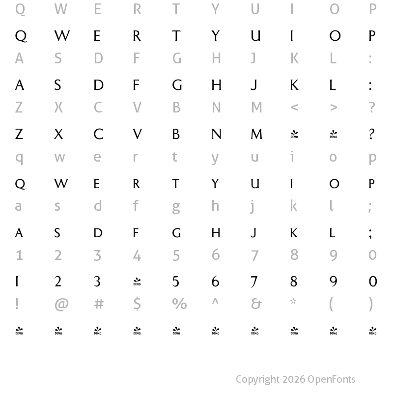Character Map of FONTSPRING DEMO - Coinage Caps Eric Gill Regular