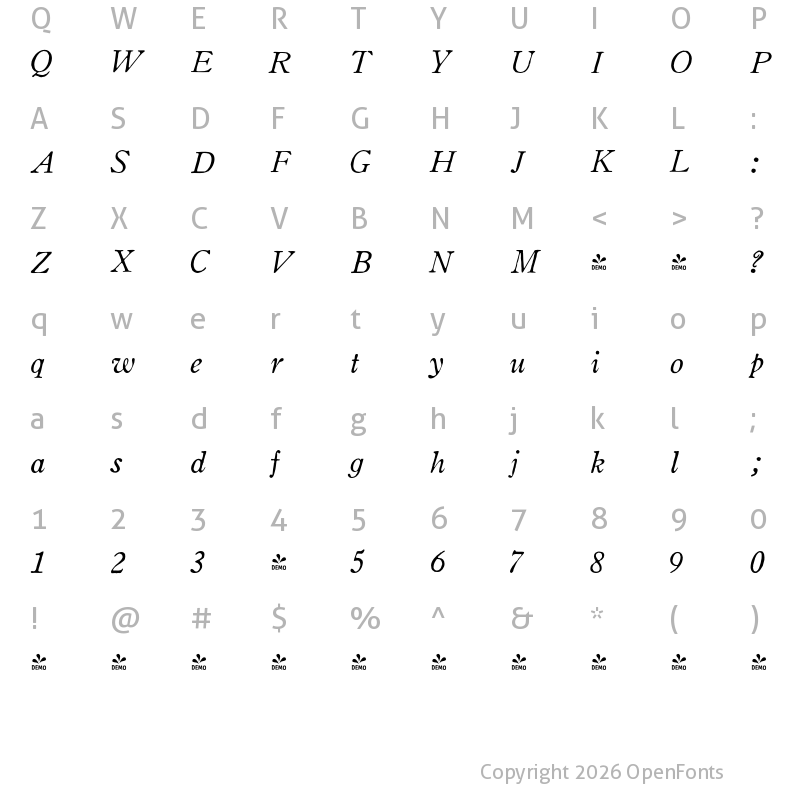 Character Map of FONTSPRING DEMO - Coldstyle Italic