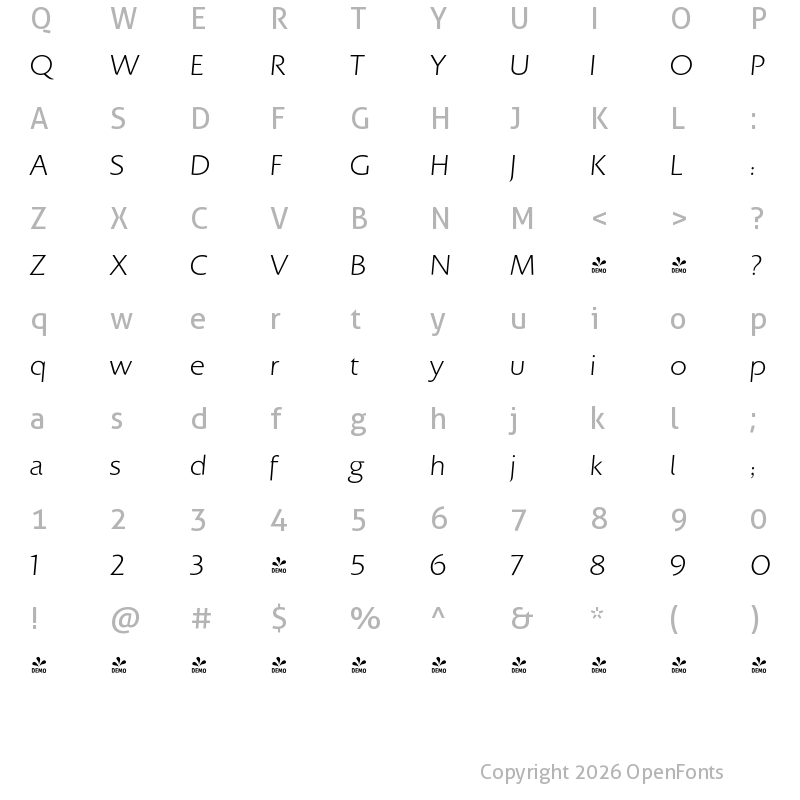 Character Map of FONTSPRING DEMO - Colosseum Light Italic