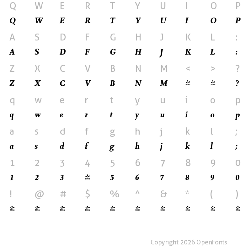 Character Map of FONTSPRING DEMO - Combi Serif Book Bold Italic