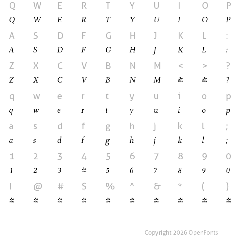 Character Map of FONTSPRING DEMO - Combi Serif Book Italic