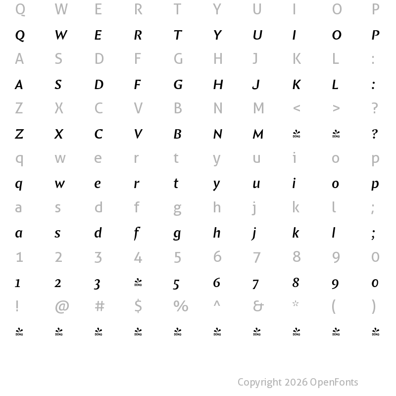 Character Map of FONTSPRING DEMO - Comma Base Med Italic