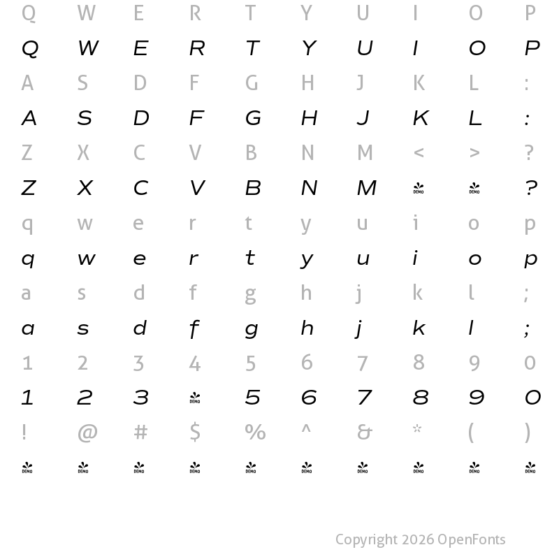 Character Map of FONTSPRING DEMO - Commuters Sans Italic