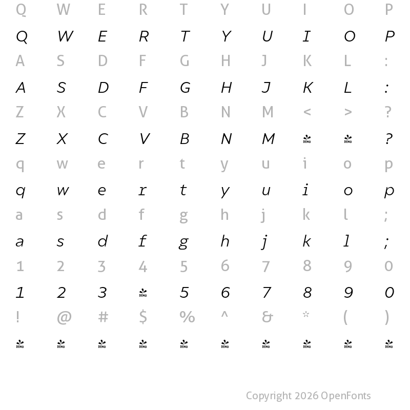 Character Map of FONTSPRING DEMO - Compiler Italic