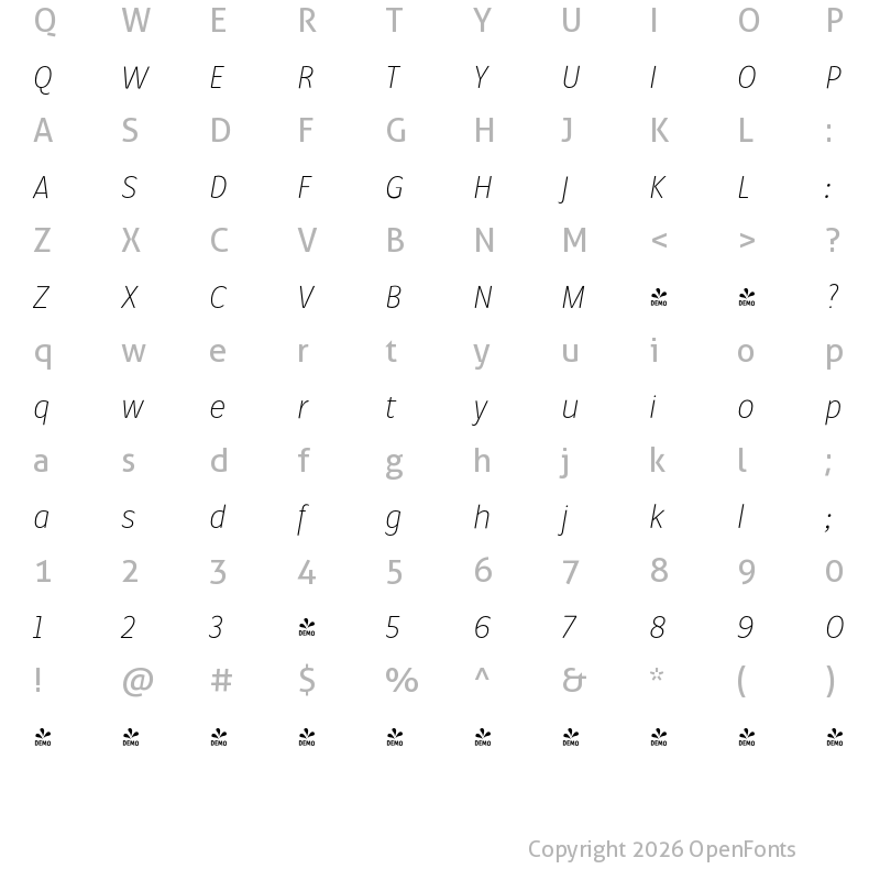 Character Map of FONTSPRING DEMO - Condell Bio Light Italic