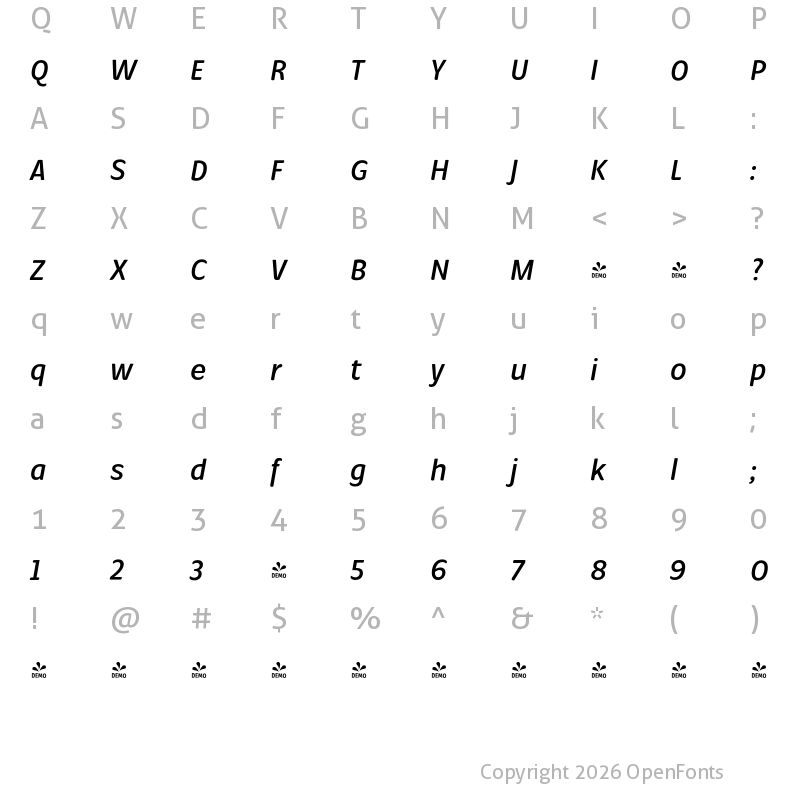 Character Map of FONTSPRING DEMO - Condell Bio SemiBold Italic