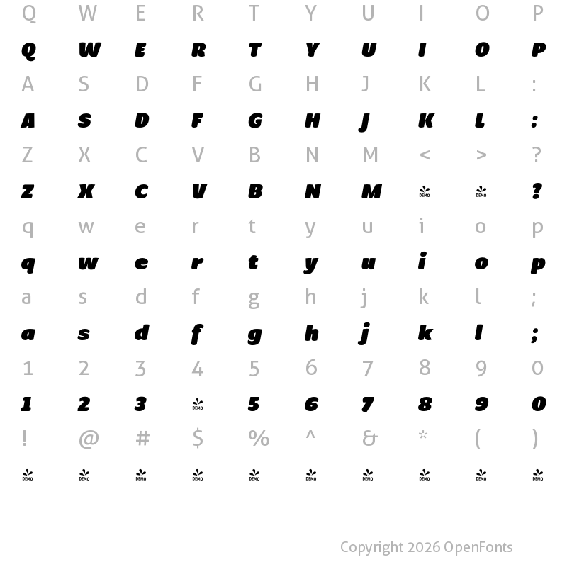 Character Map of FONTSPRING DEMO - Condell Bio SuperHeavy Italic