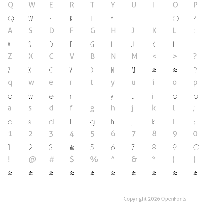 Character Map of FONTSPRING DEMO - Constroke Hairline Condensed Regular