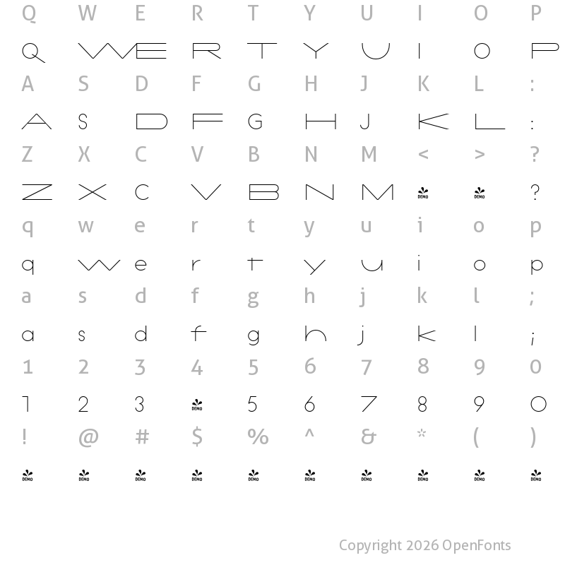 Character Map of FONTSPRING DEMO - Constroke Thin Ultra Expanded Regular